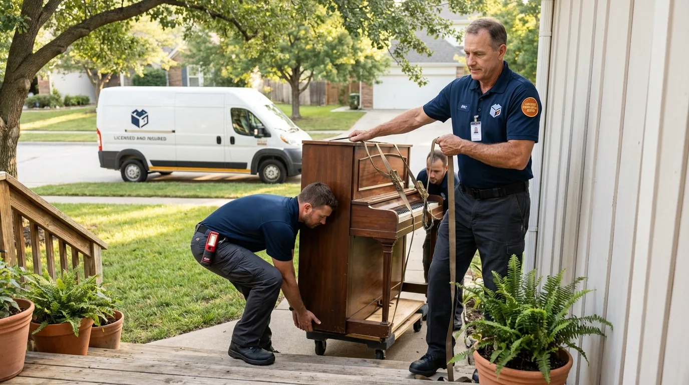 Licensed piano movers securing grand piano in Gila Bend, AZ