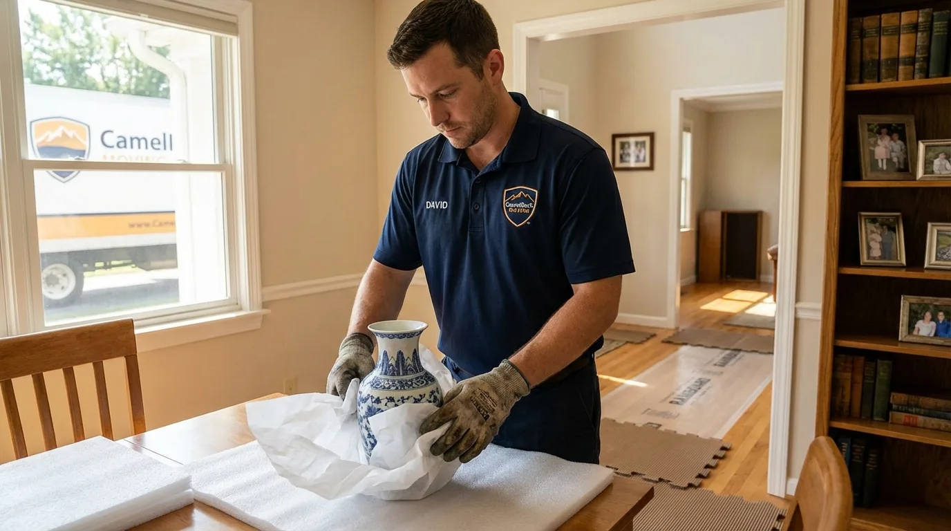 Professional crew carefully wrapping antique vase for senior downsizing move in Gila Bend, AZ